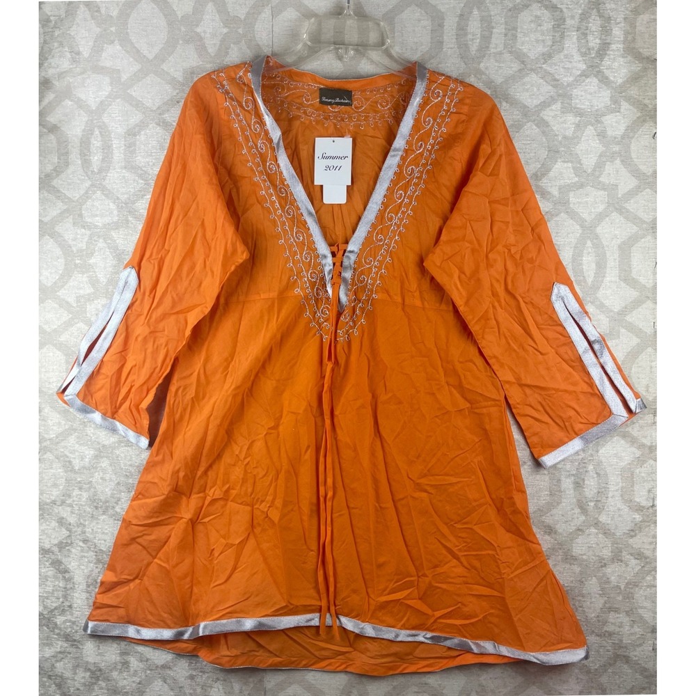 Tommy Bahama Cotton Embellished Tunic Women M Orange NWT Embroidered Summer